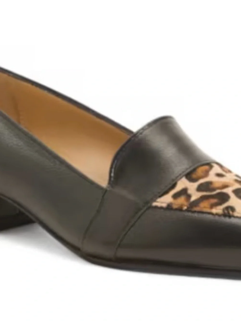 Black Leather Loafers with Leopard Toe Accent